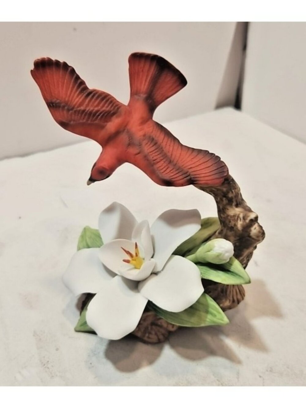 Vtg Lefton Porcelain Bird Red Cardinal in Flight w/ Dogwood Flower 1985 #04731